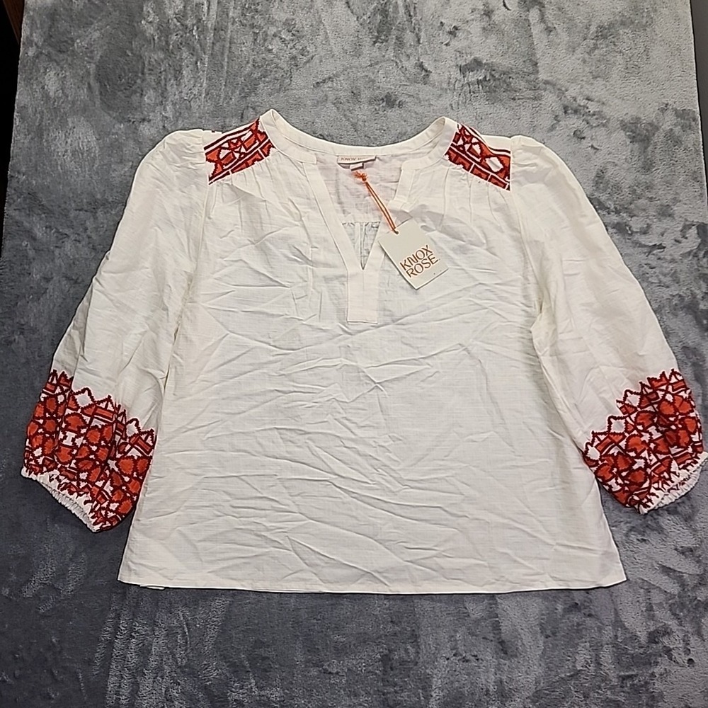 Knox Rose Women's Balloon 3/4 Sleeve Woven Blouse Top Small‎ Cream